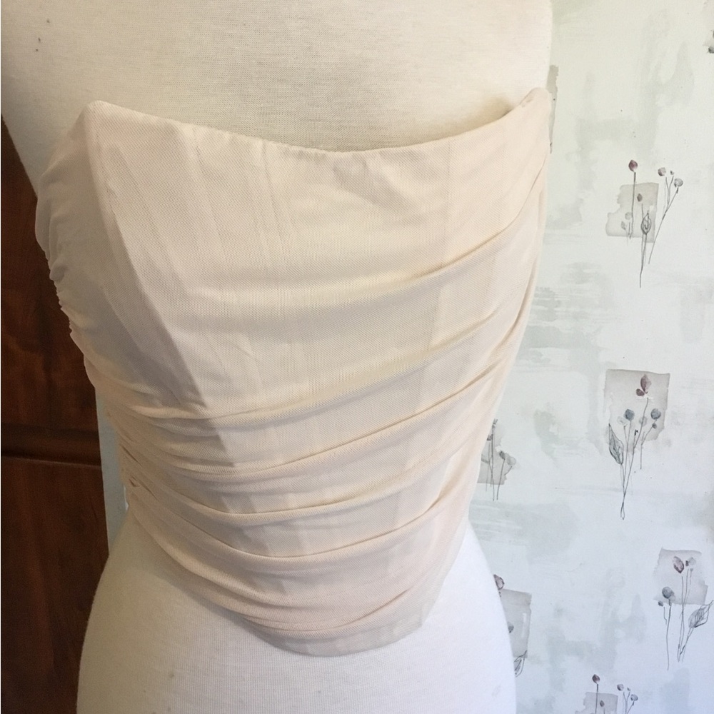 Vintage Style Beige Corset Top Size M - Mesh Ruched Bustier Y2K Party Top